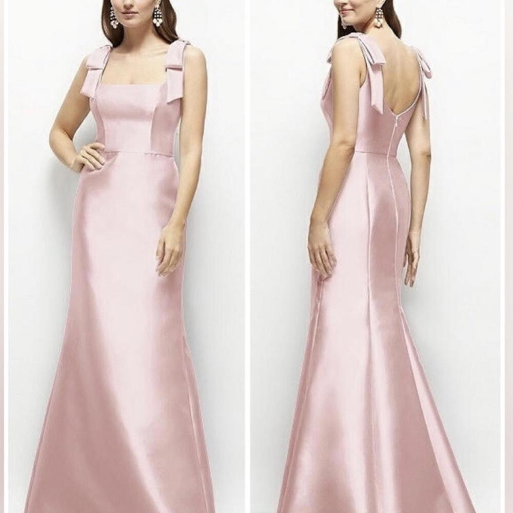 ALFRED SUNG Ballet Pink Satin Maxi Dress with Bow Shoulder Straps